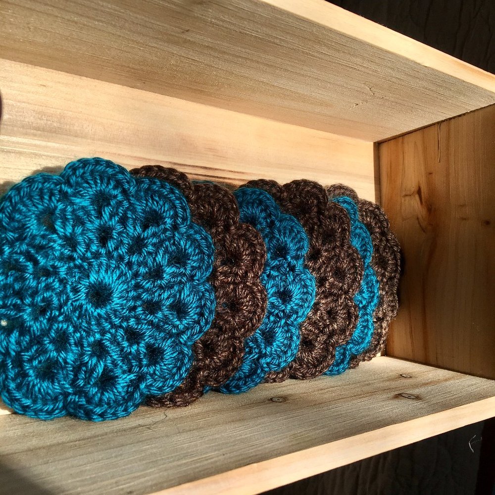Crochet Flower Coasters, Set of 6, Ready to Ship, Teal and Brown, Brand …